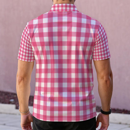 Pink Gingham Check Men's Polo Collar Jersey | All-Over Print