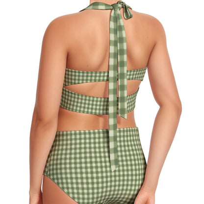 60s Sage Green Gingham High-Waist Halter Bikini Set — Retro Pin-Up Swimwear