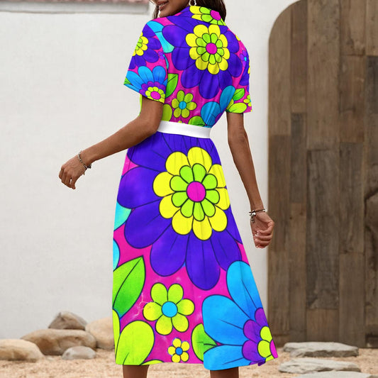 Pop Art Flower Power Women's Shirt Dress with Waist Tie | Bold 70s Purple Yellow Blue Print