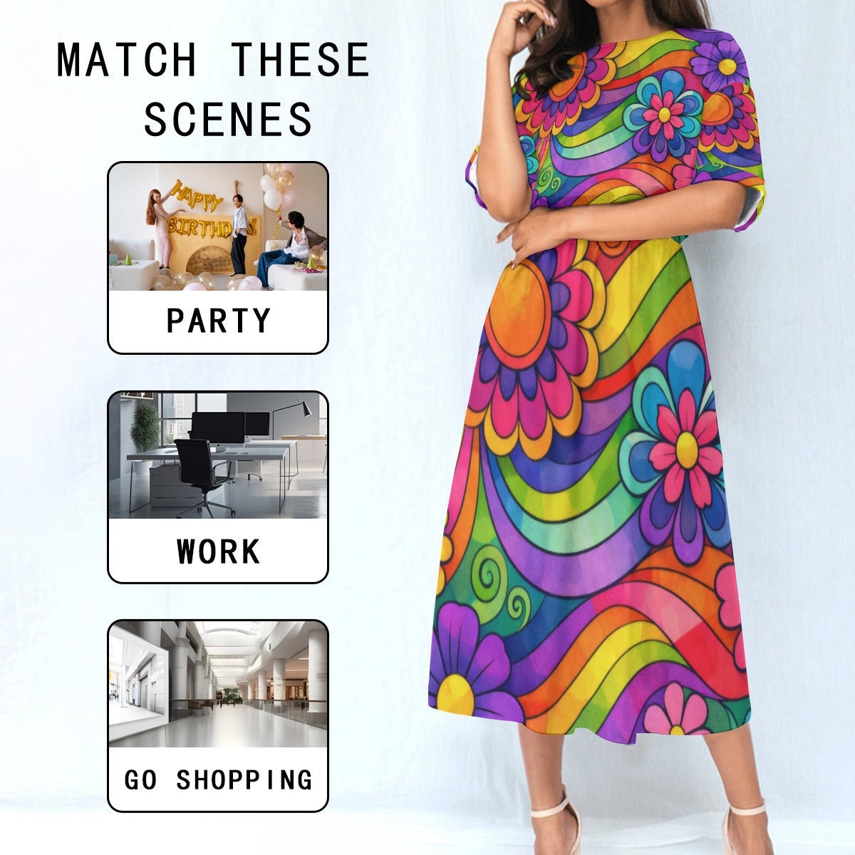 Rainbow Wave Flower Power Women's Elastic Waist Dress | 70s Psychedelic Groovy Print