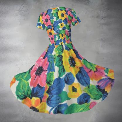 Tropical Floral Midi Dress — Bold Painterly Blooms Pink Blue Yellow