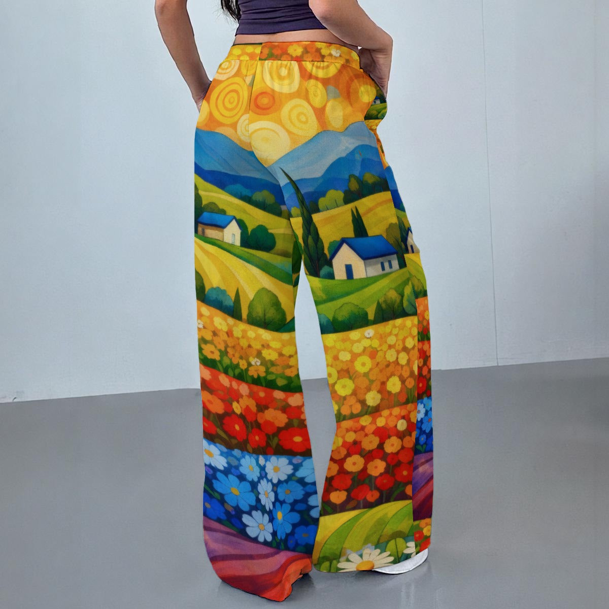 Colorful Flower Field Landscape Women's Casual Pants | Artistic Countryside Print