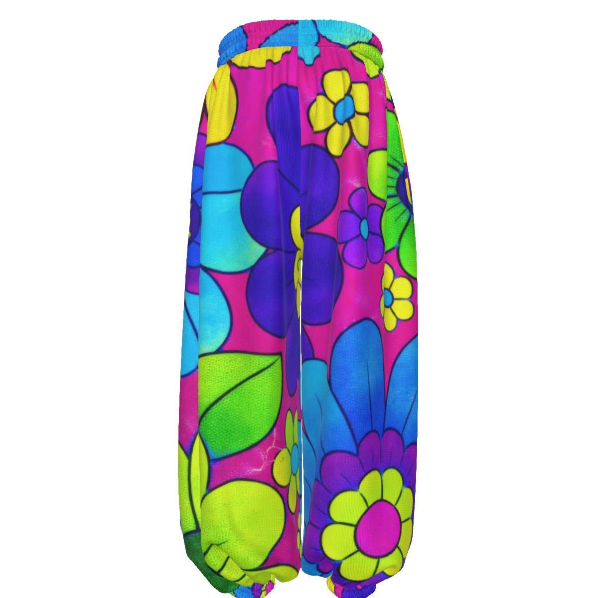 Bold Pop Art Floral Unisex Lantern Pants | 60s Mod Pink Purple Blue Print