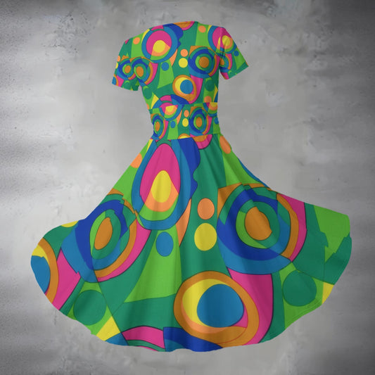Retro Geometric Circles Midi Dress — Colorful 60s Pop Art V-Neck