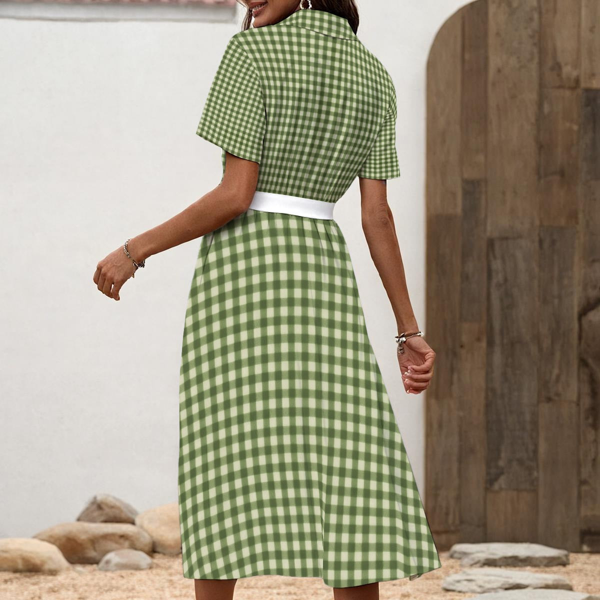 60s Green Gingham Shirt Dress with Waist Tie — Button Front Maxi