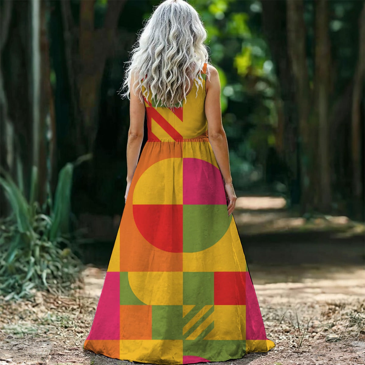 Retro Bauhaus Geometric Maxi Dress — Yellow Pink Red Green Circles