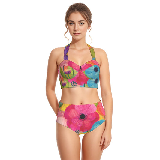 60s Bold Anemone High-Waist Halter Bikini Set — Pink & Blue Floral Pin-Up