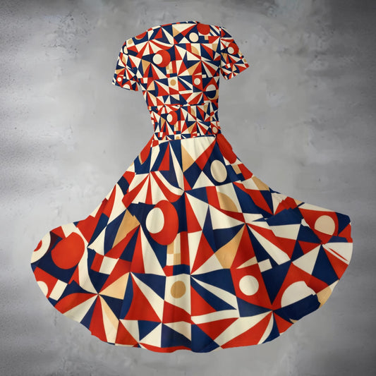 Geometric patterned dress on a gray background