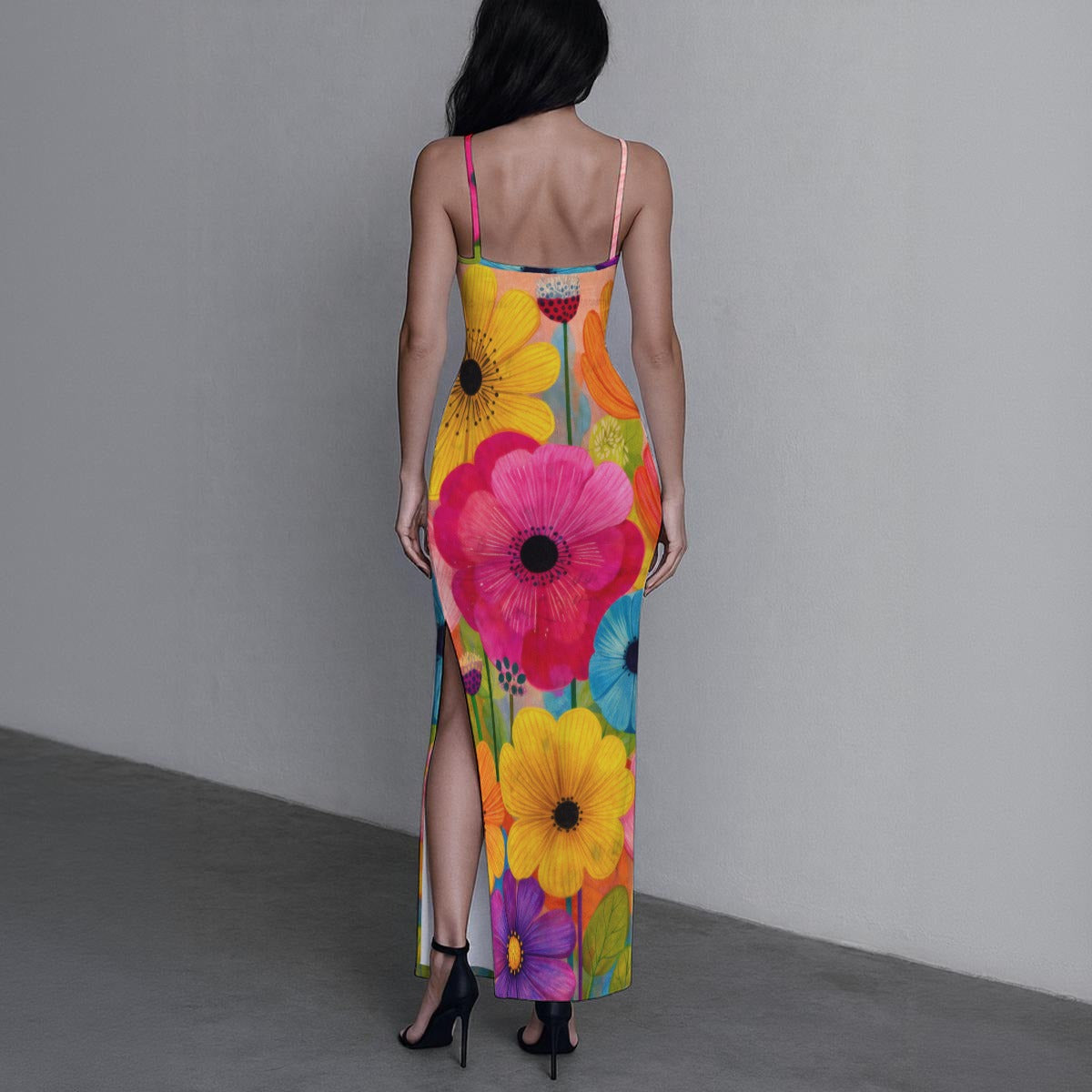 Watercolor Gerbera Art Women's Long Dress with Slit | Bold Pink Yellow Orange Floral Bodycon Maxi