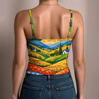 Folk Art Sunny Landscape Women's Spaghetti Strap Tank Top | All-Over Print
