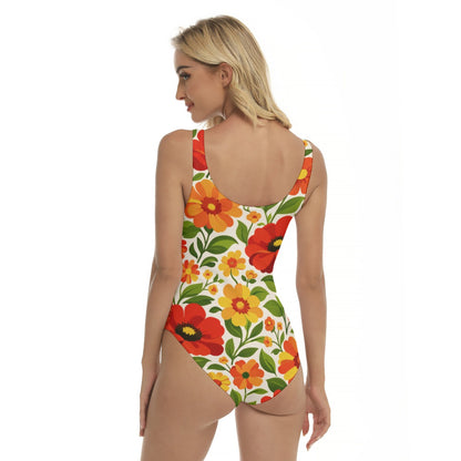 60s Retro Garden Floral Women's One-Piece Swimsuit — Red & Orange Flowers