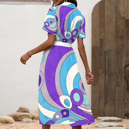 Retro Wave Swirl Women's Shirt Dress with Waist Tie | 60s Mod Purple Blue Geometric Print
