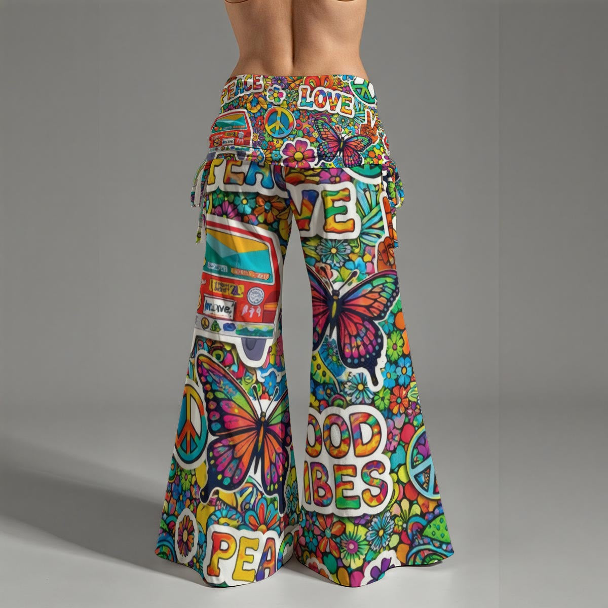 Groovy 70s Hippie Pop Art Wide Leg Pants All-Over Print Women's High Waist Wide Leg Pants