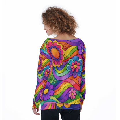 Groovy 70s Flower Power Rainbow Off-Shoulder Sweatshirt | All-Over Print