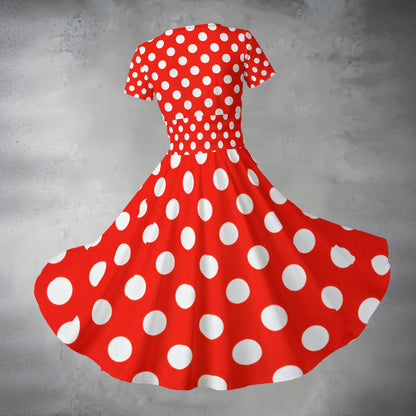 Red Polka Dot Midi Dress — Retro White Dots Short Sleeve Flared