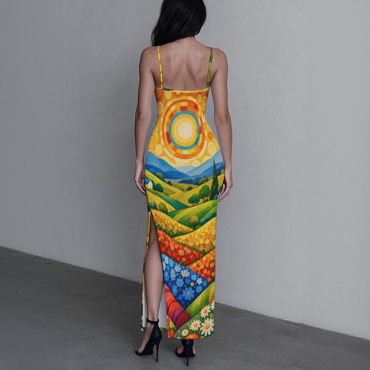 Sunny Countryside Art Women's Long Dress with Slit | Artistic Landscape Bodycon Maxi