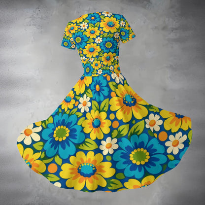 60s Vintage Yellow & Blue Floral Midi Dress — Daisy Print Short Sleeve V-Neck