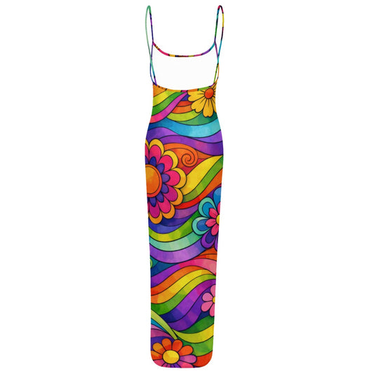 60s Rainbow Swirl & Flowers Sheer Mesh Backless Maxi Dress — Spaghetti Strap