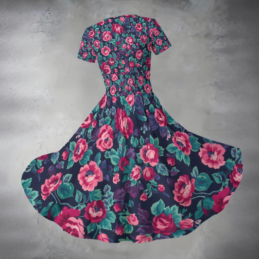 Navy Rose Garden Midi Dress — Vintage Pink Roses Floral Short Sleeve