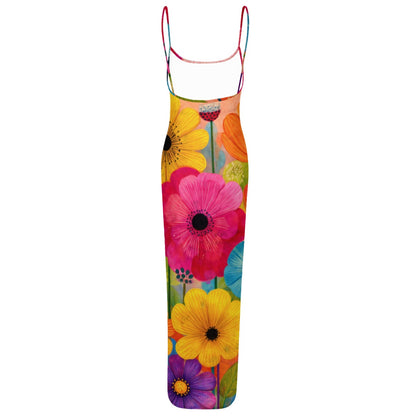 60s Flower Power Sheer Mesh Backless Maxi Dress — Spaghetti Strap