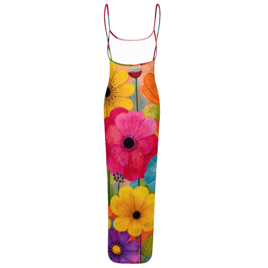60s Flower Power Sheer Mesh Backless Maxi Dress — Spaghetti Strap