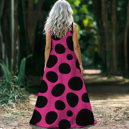 Hot Pink Polka Dot Maxi Dress — Oversized Black Dots Sleeveless