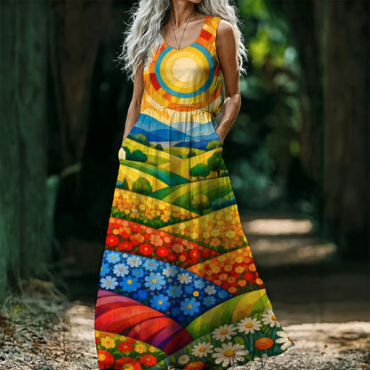 Sunny Flower Field Women's Sleeveless Maxi Dress | Colorful Countryside Art Print