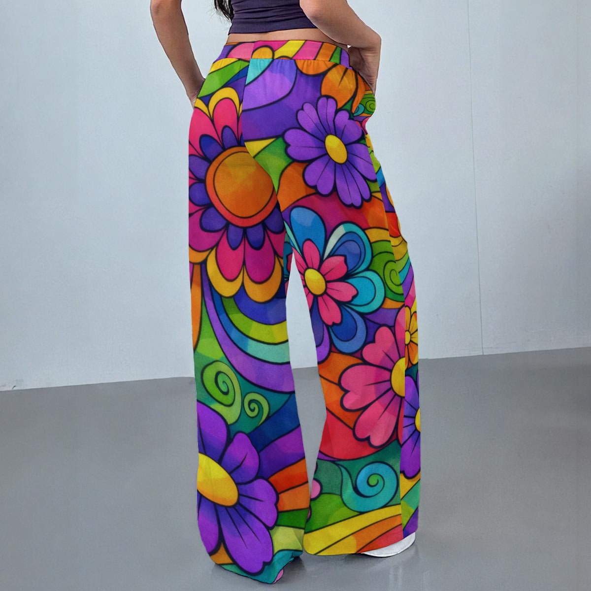 Psychedelic Cartoon Floral Women's Casual Pants | 70s Rainbow Swirl Print