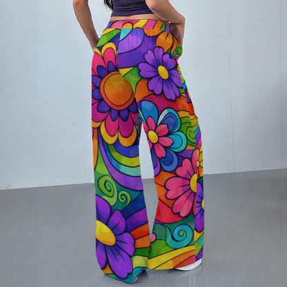 Psychedelic Cartoon Floral Women's Casual Pants | 70s Rainbow Swirl Print