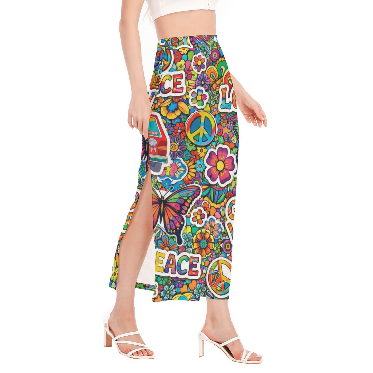 Groovy 70s Hippie Peace & Love Maxi Skirt All-Over Print Women's Side Slit Skirt