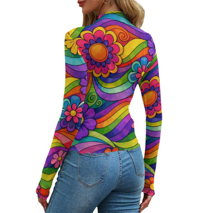60s Groovy Rainbow Swirl & Flowers Women's Mesh T-shirt — Long Sleeve Crop Top