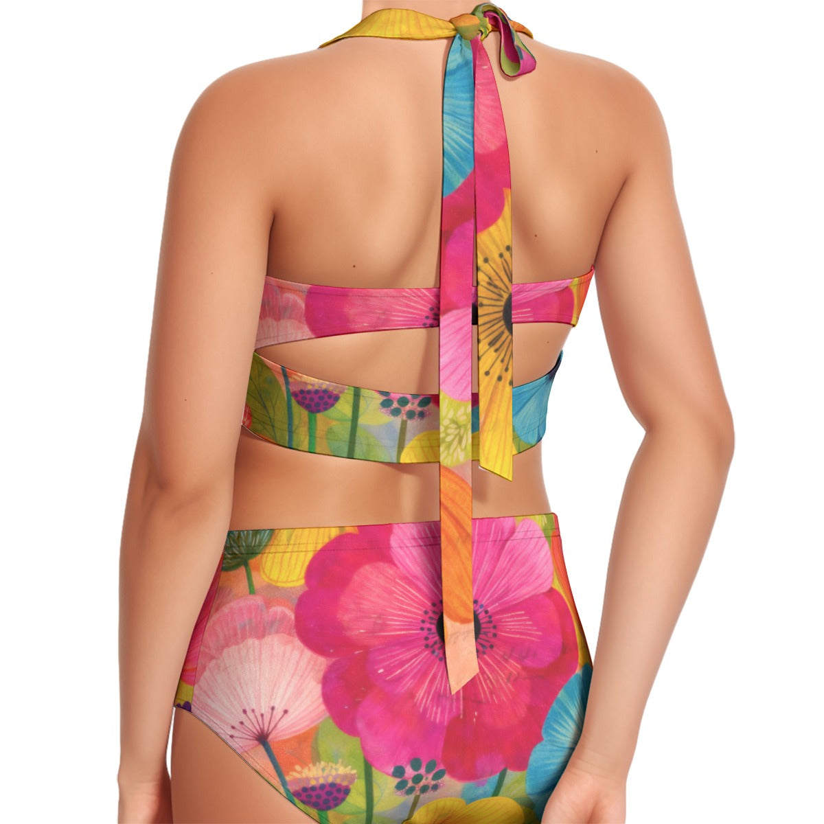 60s Bold Anemone High-Waist Halter Bikini Set — Pink & Blue Floral Pin-Up