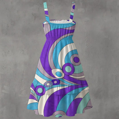 Retro Wave Swirl Women's Ruffle Hem Dress | 60s Mod Purple Turquoise Geometric Print