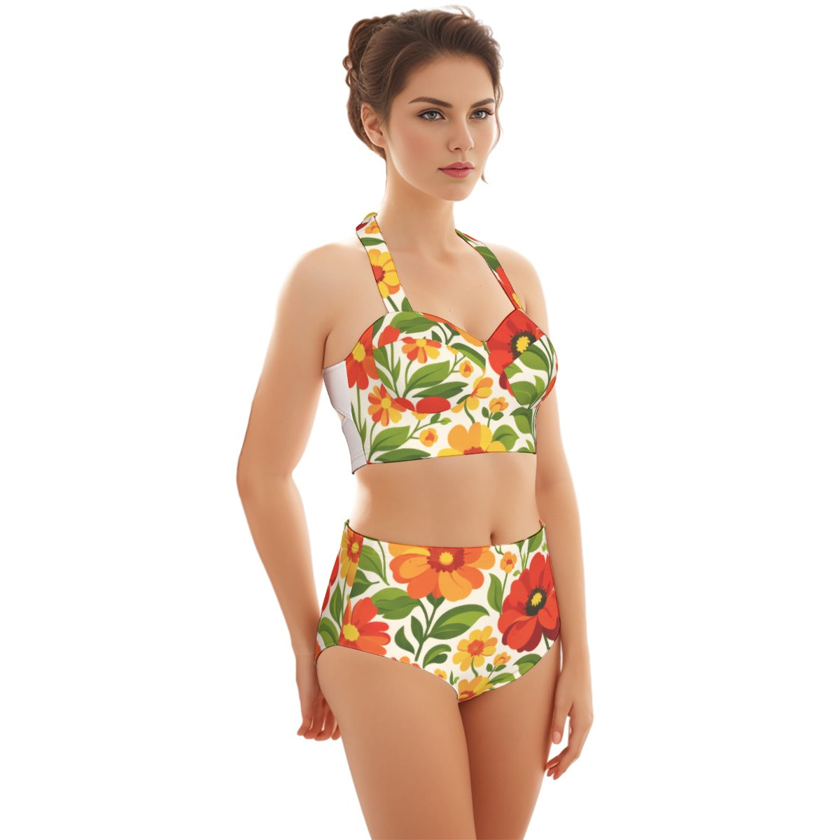 60s Retro Garden Poppy High-Waist Halter Bikini Set — Red & Orange Floral Pin-Up