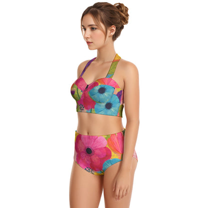 60s Bold Anemone High-Waist Halter Bikini Set — Pink & Blue Floral Pin-Up