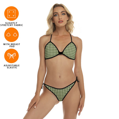 60s Sage Green Gingham Triangle Bikini Set — Halter Top & Tie Side Bottom