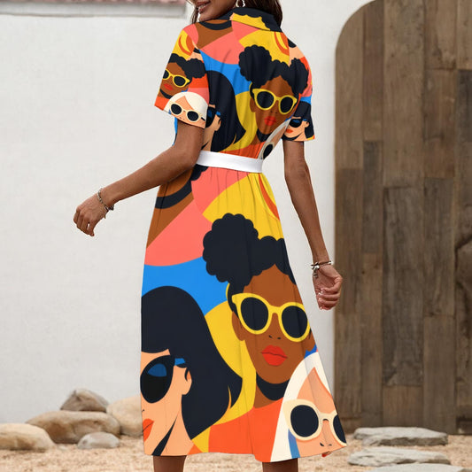 Pop Art Women Faces Women's Shirt Dress with Waist Tie | Bold Retro Girl Power Print
