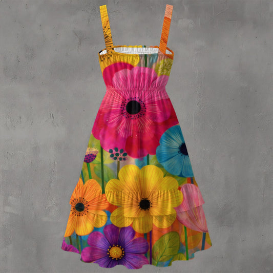 Bold Garden Gerbera Women's Ruffle Hem Dress | Colorful Pink Yellow Blue Floral Print
