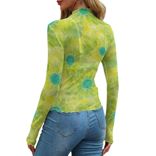 60s Vintage Lime Green Floral Mesh Long Sleeve T-Shirt All-Over Print Women's Mesh T-shirt
