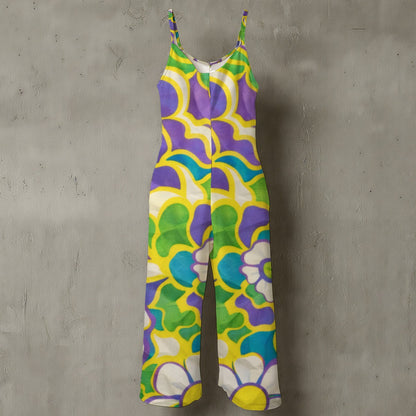 Retro 1960s Purple and Yellow Flower All-Over Print Women’s Floral Spaghetti Strap Wide-Leg Jumpsuit