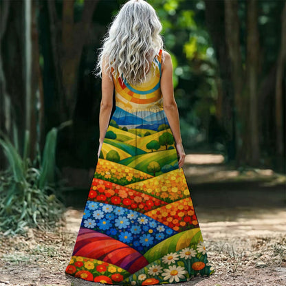 Sunny Flower Field Women's Sleeveless Maxi Dress | Colorful Countryside Art Print