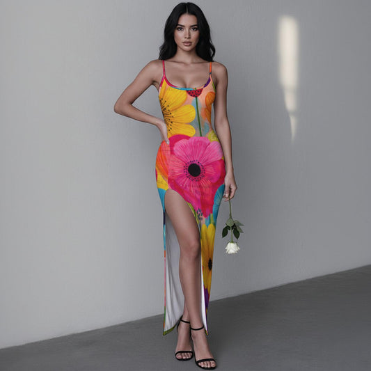 Watercolor Gerbera Art Women's Long Dress with Slit | Bold Pink Yellow Orange Floral Bodycon Maxi