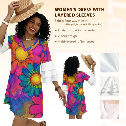 Psychedelic Sunflower Ruffle Sleeve Dress — Trippy Orange Pink Blue