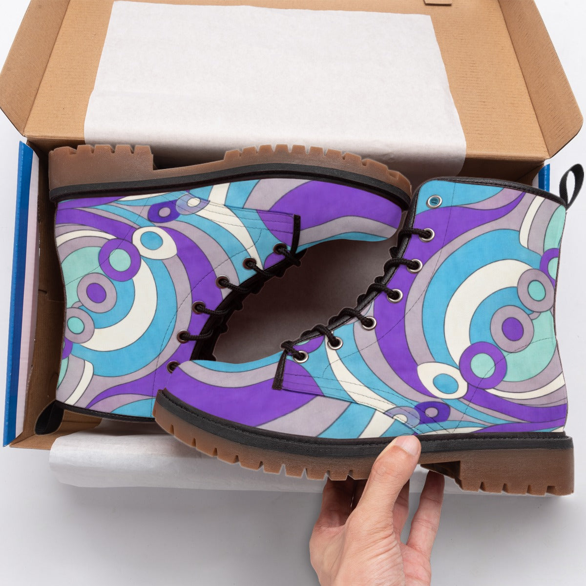 Retro Wave Swirl Men's Martin Short Boots | 60s Mod Purple Blue Geometric Print