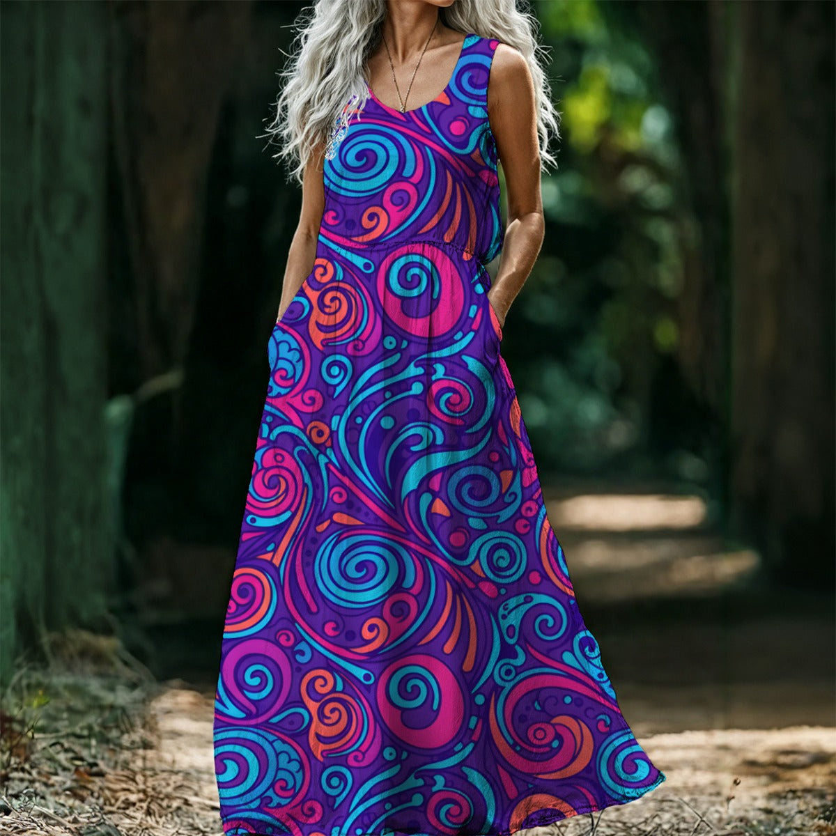 Psychedelic Swirl Maxi Dress — Purple Pink Blue 70s Pattern