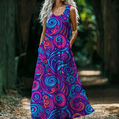 Psychedelic Swirl Maxi Dress — Purple Pink Blue 70s Pattern