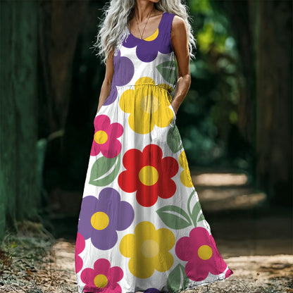 Retro Daisy Maxi Dress — Colorful 60s Flower Print on White