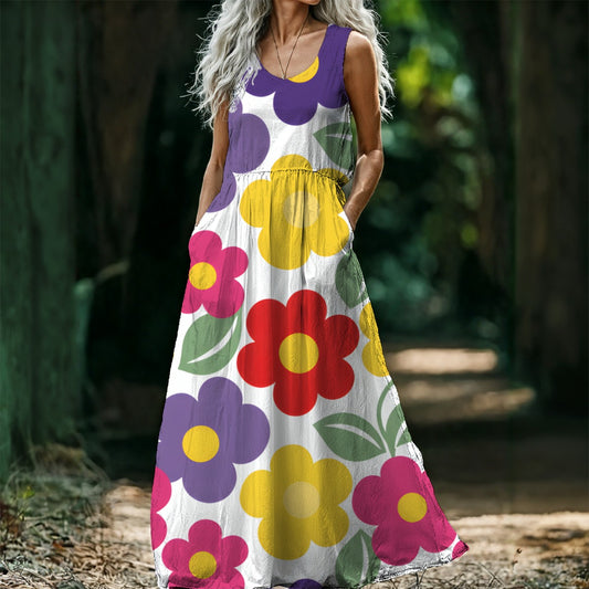 Retro Daisy Maxi Dress — Colorful 60s Flower Print on White