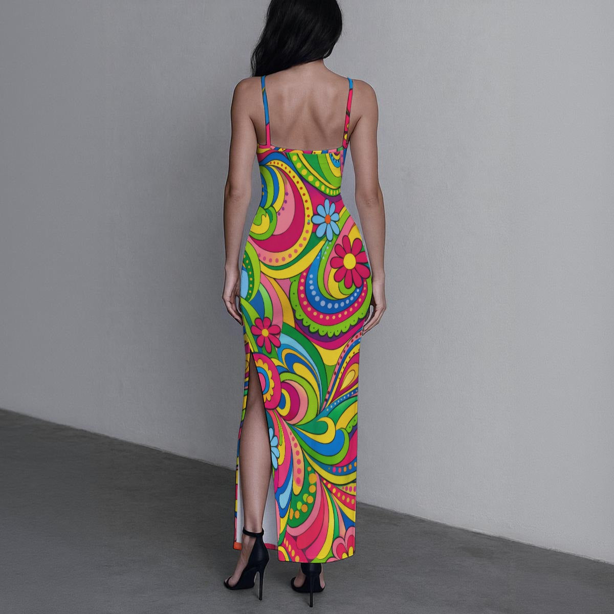Psychedelic Neon Paisley Women's Long Dress with Slit | 70s Groovy Rainbow Bodycon Maxi