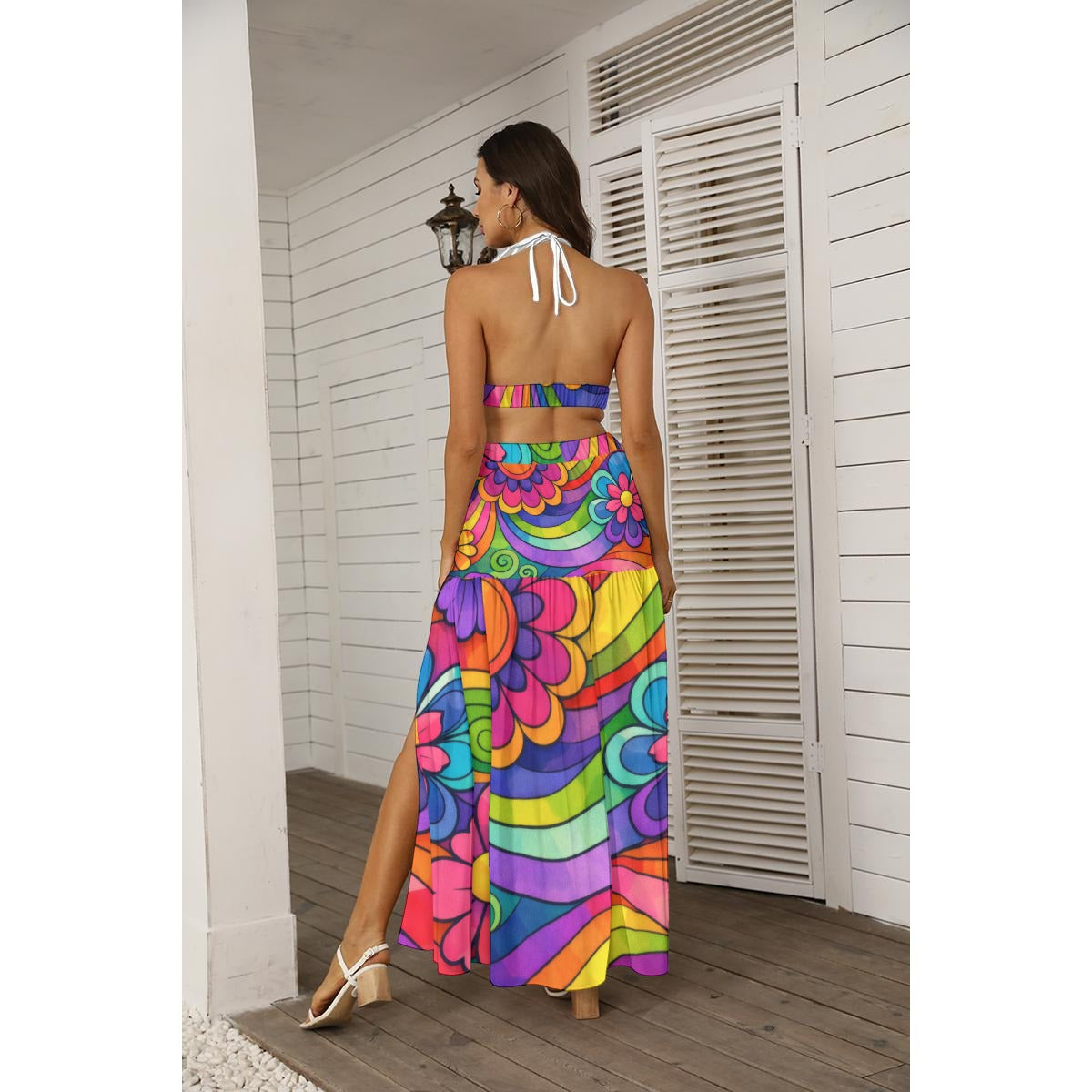 60s Rainbow Swirl & Flowers Tie Back Wrap Dress — Backless Maxi with Side Slit
